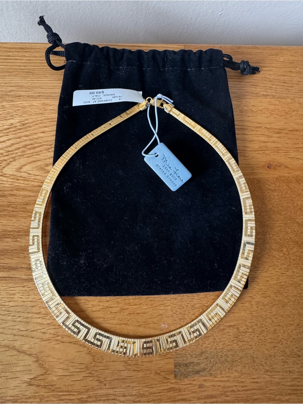 NWT 18" Dyadema 14K Gold Plated Bronze Reversible Greek Key Choker/Necklace